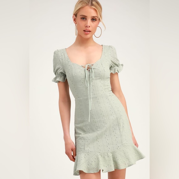 Lulus Dresses & Skirts - NEW Lulus Rapunzel Sage Green Eyelet Lace Mini Dress Size Medium